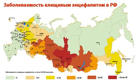 Зоны распространения энцефалита, вызванного клещами, в различных регионах страны
